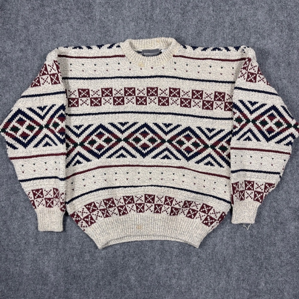 Expressions Knit Sweater Mens Large Cream Geometric Fair Isle Cotton Vintage